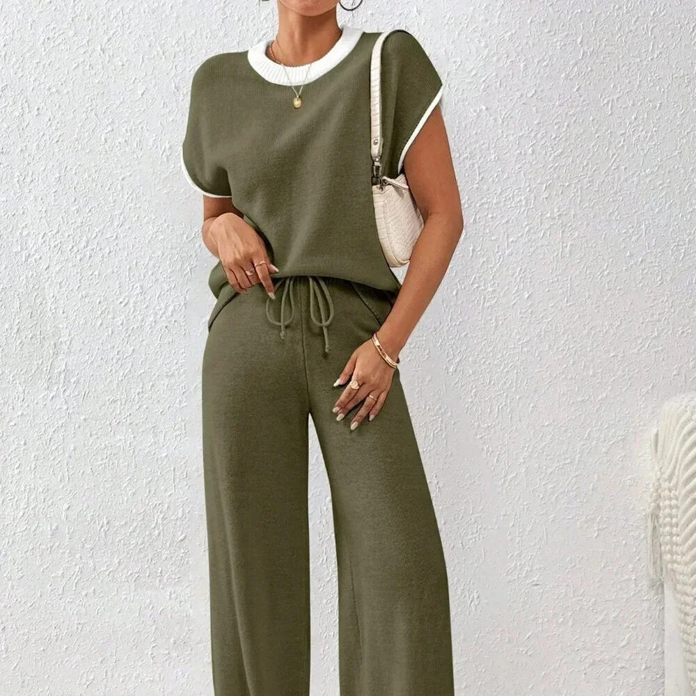 Army Green Women's Loose Knit Sweater & Drawstring Pants Set